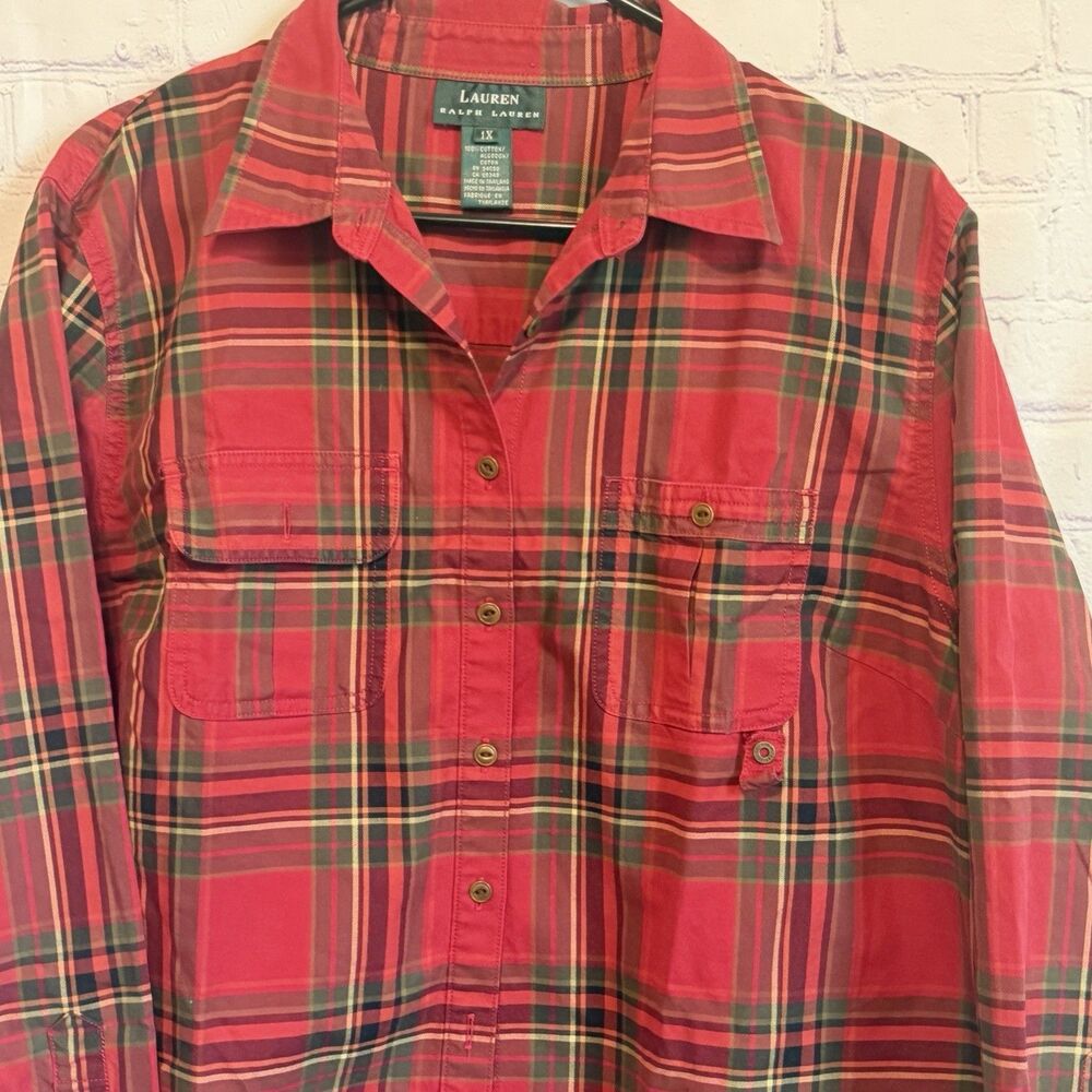 Lauren Ralph Lauren Plaid Button Up Shirt 1X Red Green Cotton Flannel Style L/S